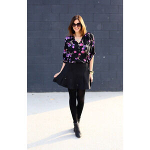 Anthropologie Yumi Kim 100% Silk Roll Sleeve Floral Artsy Blouse Kimono V Neck